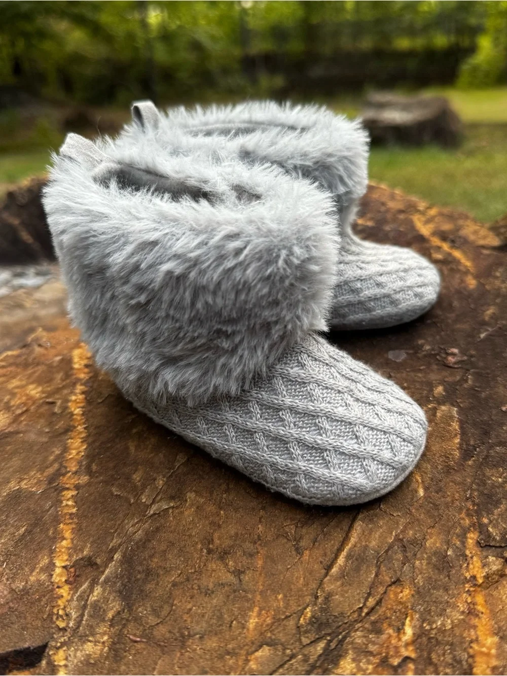 Cozy Gray Faux Fur Knit Baby Booties - Kids Shoes